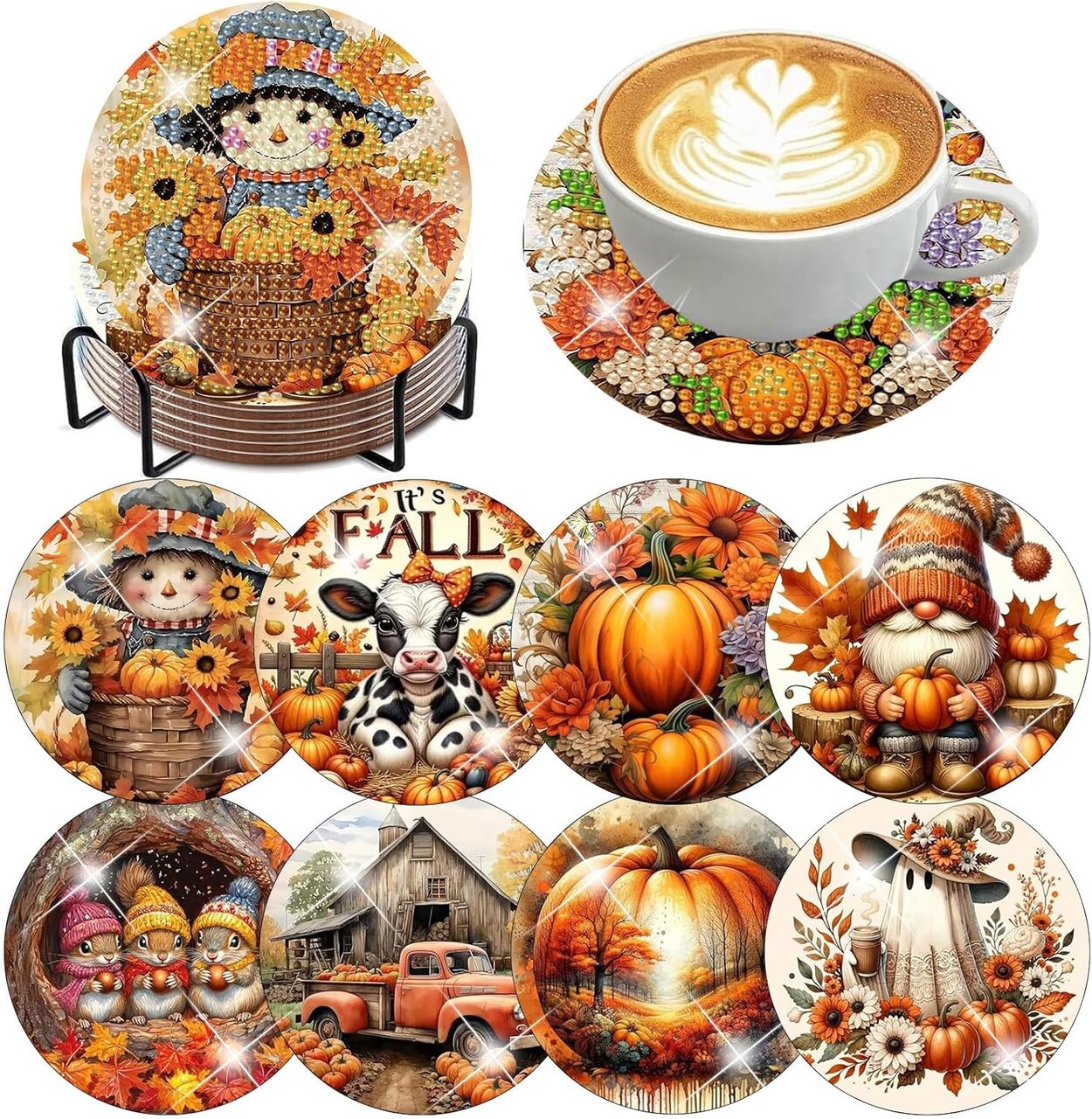 8 Pack Autumn Diamond Painting Coaster Kit with Holder – DIY 5D Full Drill Diamond Art Coasters Set, Cork Back Non-Slip Table Decor Crafts for Adults, 4 x 4 Inch